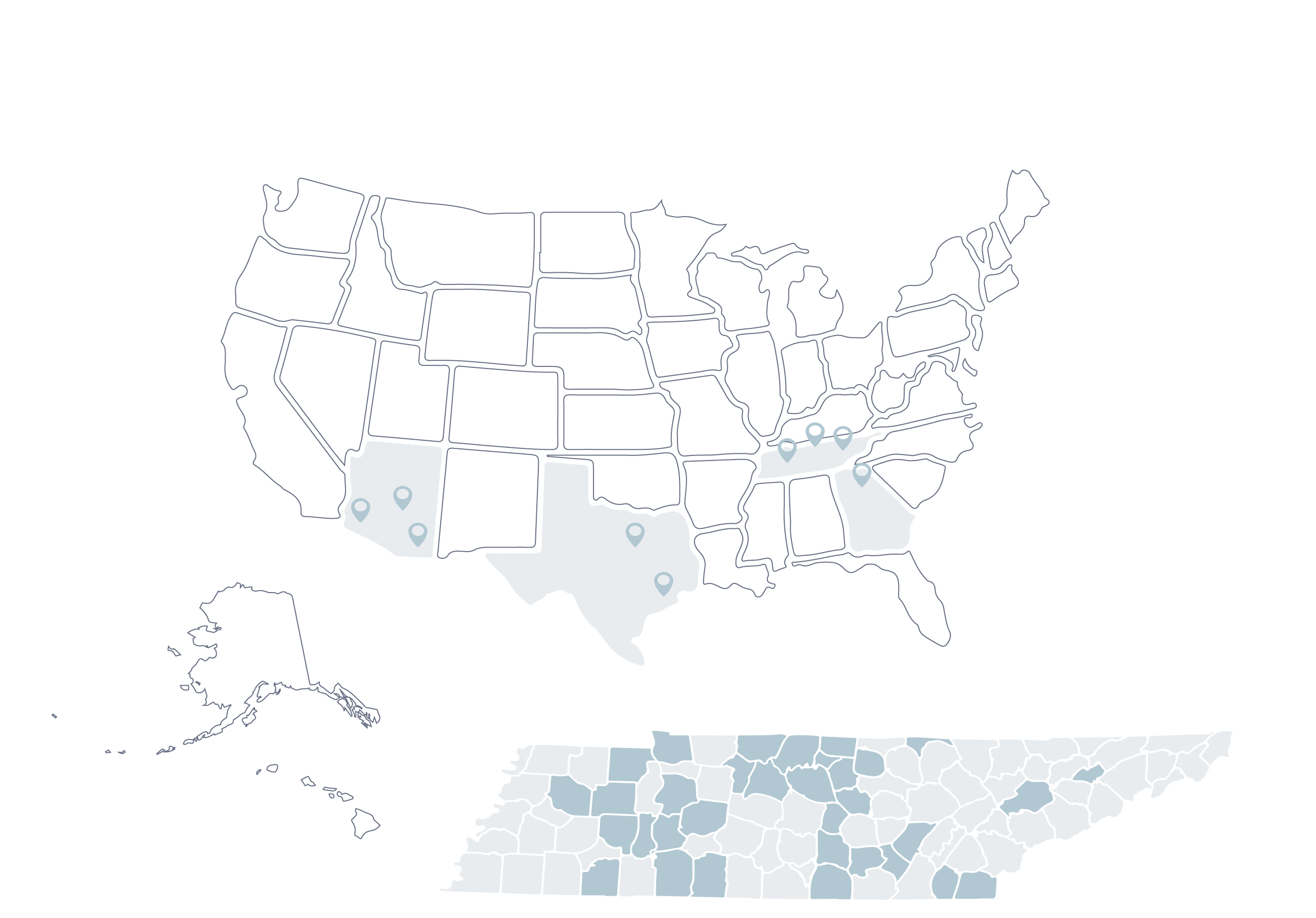 Experience map: US states and Tennessee counties where Meridian Architecture has completed projects